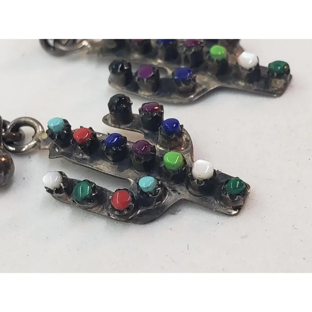 Vintage Sterling Silver Len Adakkai 925 Cactus Earrings Navajo Dangle Southwest